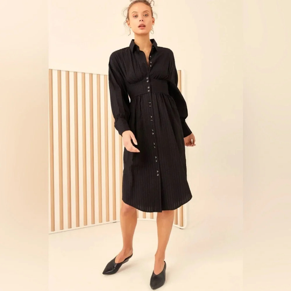 C/MEO Collective Long Sleeve Pinstripe Smocked Reform Midi Shirt Dress Small